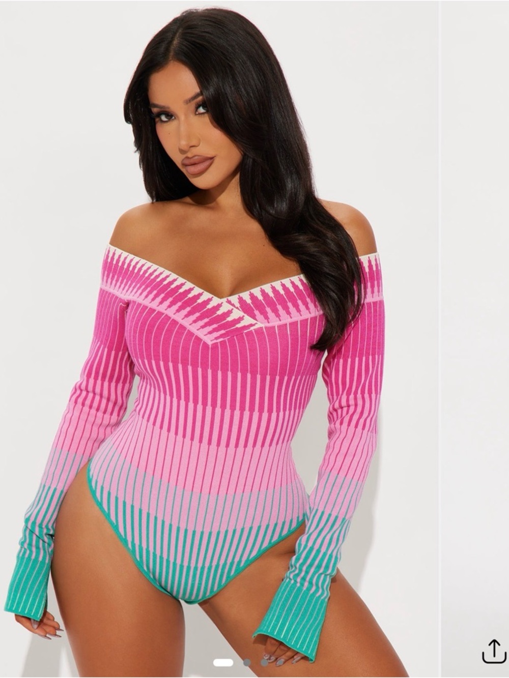 Fashion Nova Pink to Teal Ombre Ribbed Off-Shoulder Bodysuit